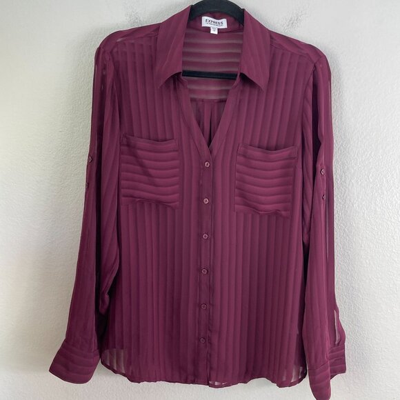 Express Portofino Shirt Womens Large Sheer Striped Button Up Blouse Top - Picture 1 of 7